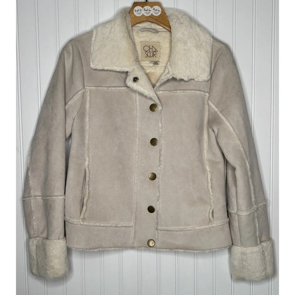 Chaser Faux Suede Shearling Moto Jacket Cream Tan Med Quiet Luxury Cozy Lodge*